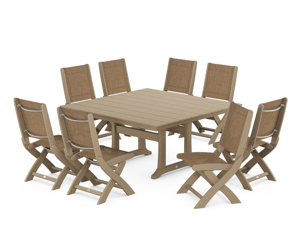 POLYWOOD Coastal Folding Side Chair 9-Piece Farmhouse Dining Set in Vintage Sahara / Burlap