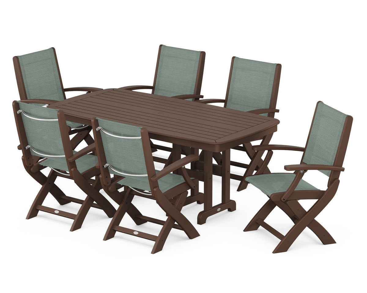 POLYWOOD Coastal Folding Arm Chair 7-Piece Dining Set in Mahogany / Dupioni Sea Mist