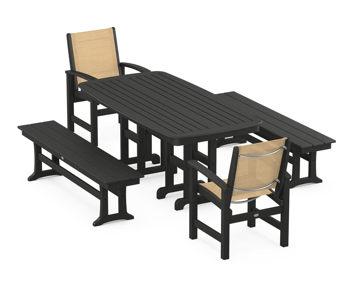 POLYWOOD Coastal 5-Piece Dining Set with Nautical 37" x 72" Dining Table in Black / Dupioni Apricot