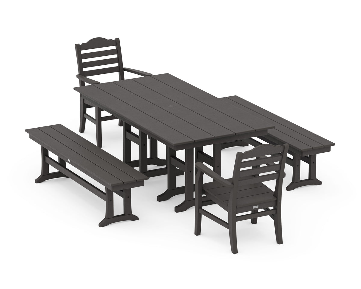 POLYWOOD Savannah 5-Piece Farmhouse Dining Set with Benches in Vintage Coffee