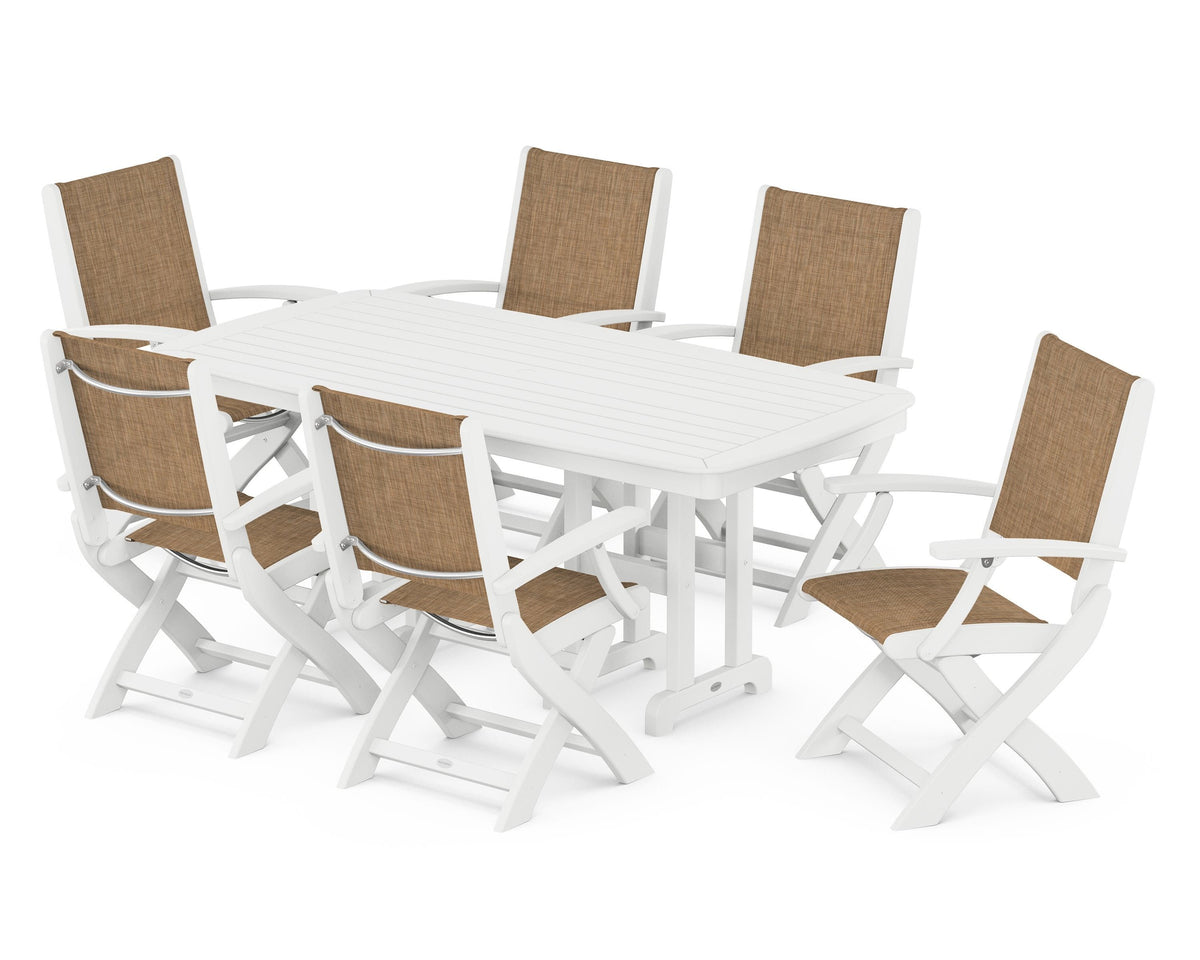 POLYWOOD Coastal Folding Arm Chair 7-Piece Dining Set in White / Burlap