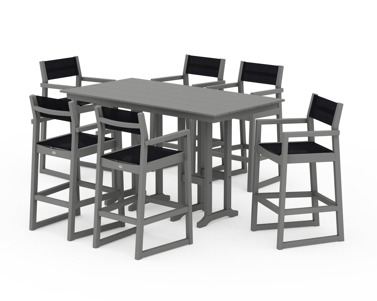 POLYWOOD EDGE Sling Arm Chair 7-Piece Farmhouse Bar Set in Slate Grey / Black