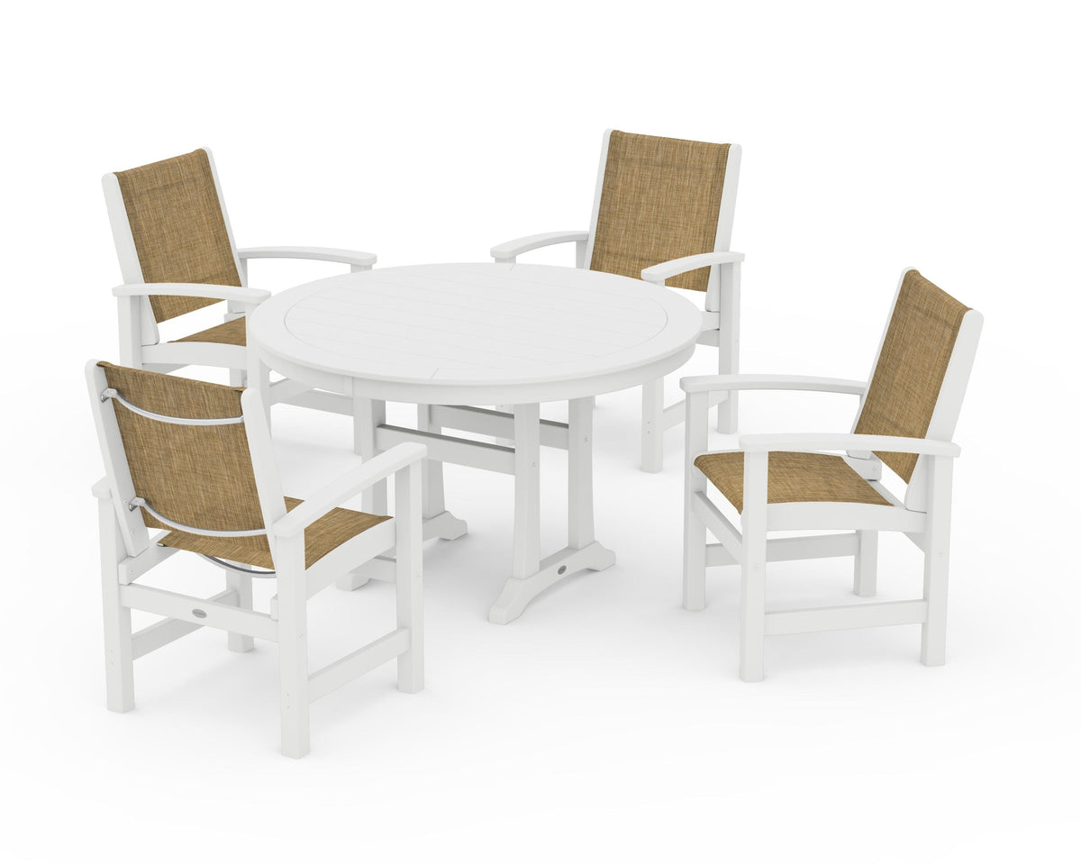 POLYWOOD Coastal 5-Piece Round Dining Set with Trestle Legs in White / Burlap