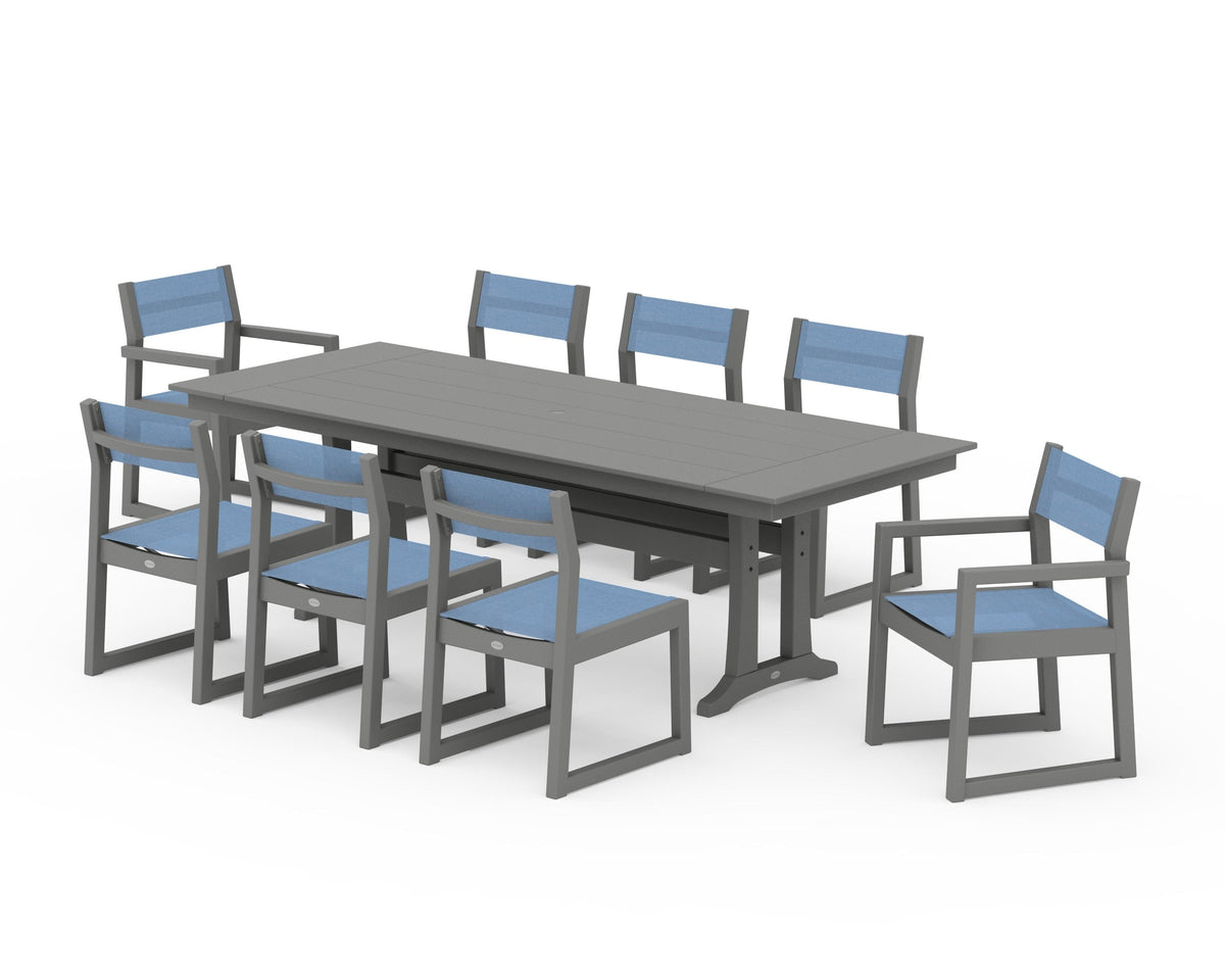 POLYWOOD EDGE Sling 9-Piece Farmhouse Trestle Dining Set in Slate Grey / Poolside
