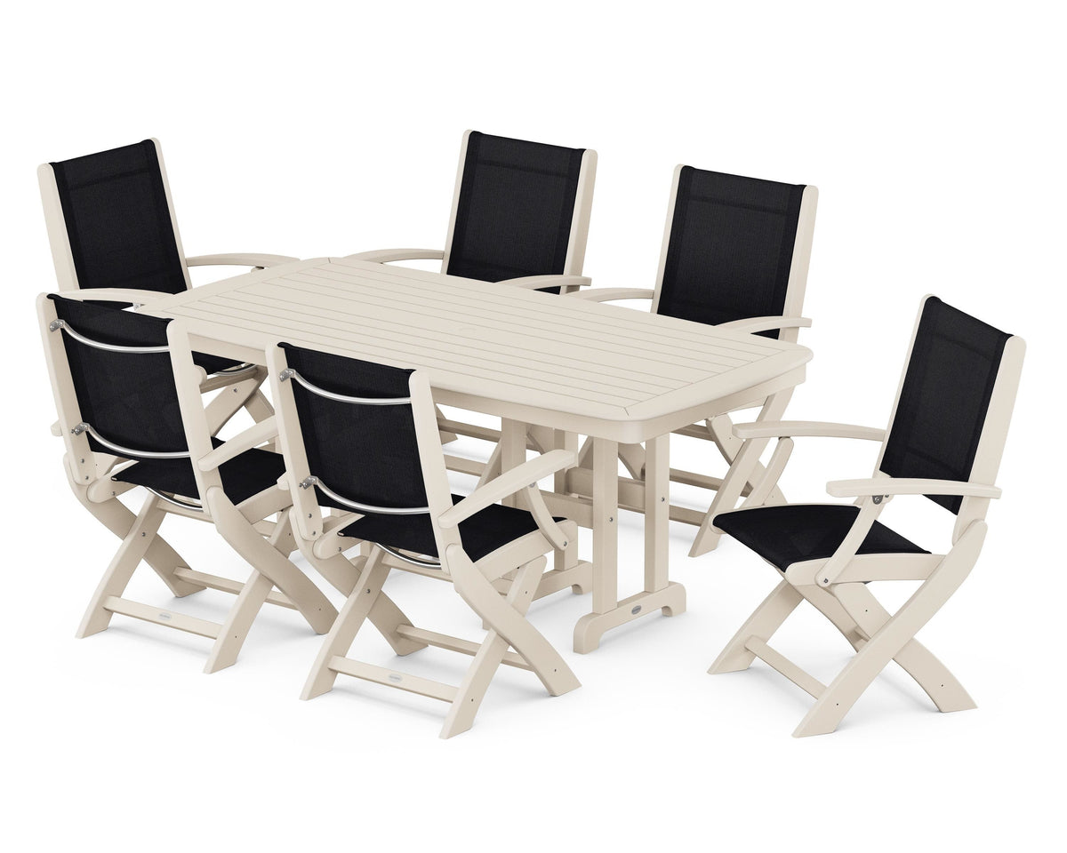 POLYWOOD Coastal Folding Arm Chair 7-Piece Dining Set in Sand / Black