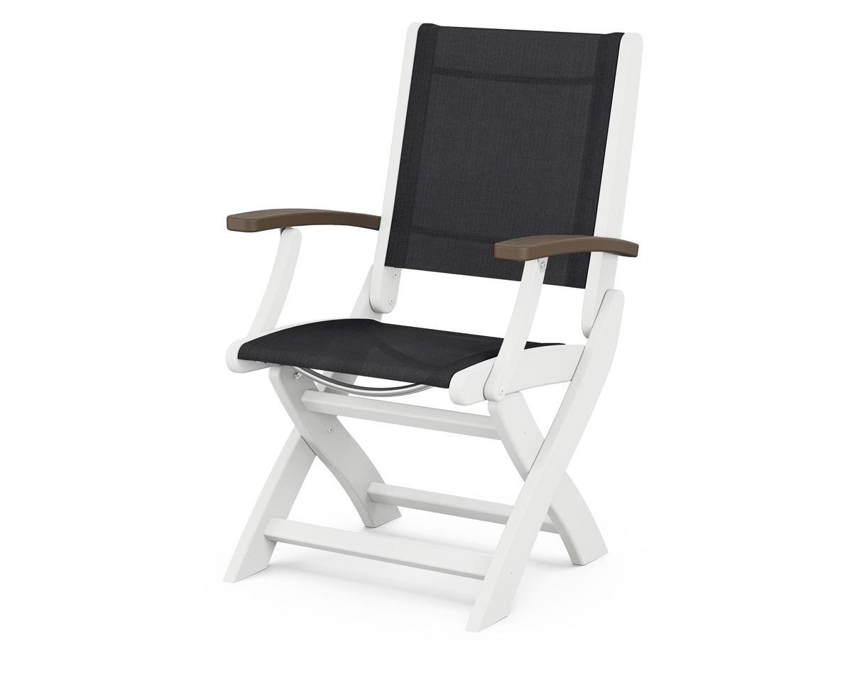 POLYWOOD Coastal Folding Chair in White with Kona arms and Black sling