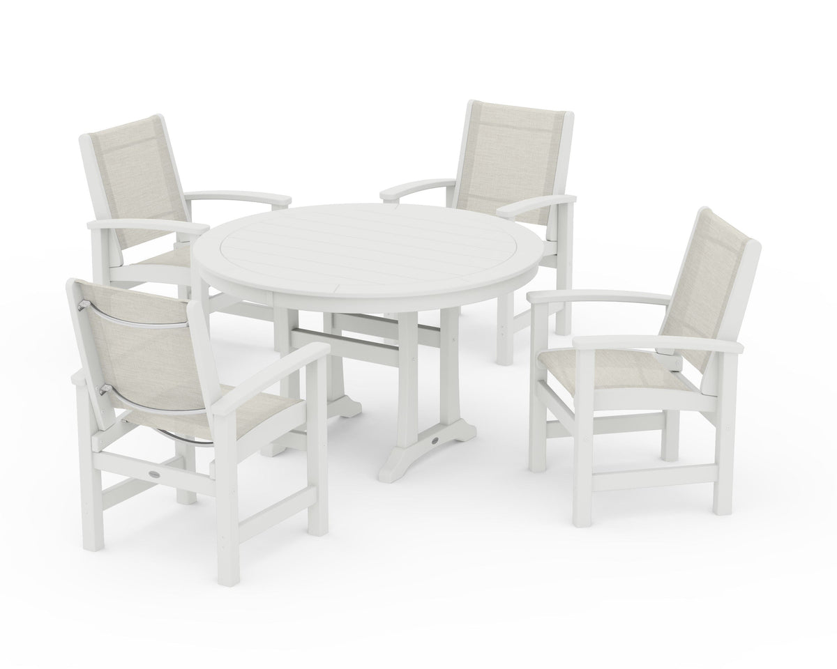 POLYWOOD Coastal 5-Piece Round Dining Set with Trestle Legs in Vintage White / Parchment