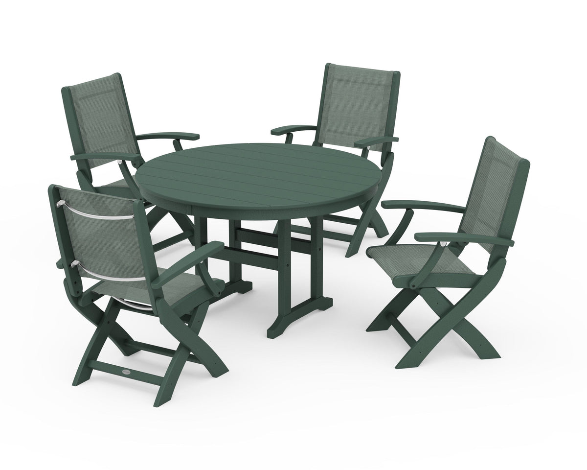 POLYWOOD Coastal Folding Chair 5-Piece Round Dining Set in Green / Dupioni Sea Mist