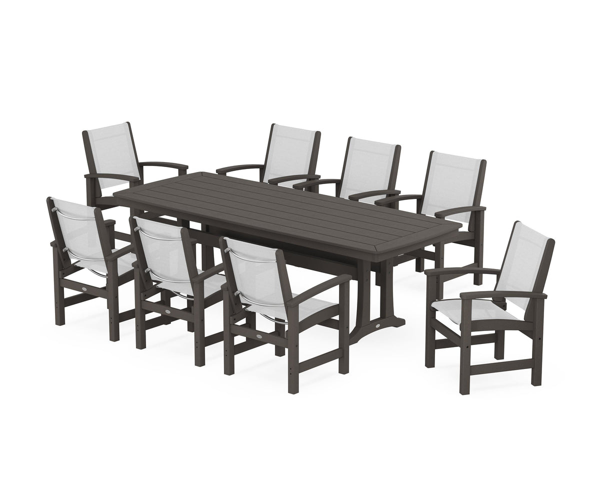 POLYWOOD Coastal 9-Piece Dining Set with Trestle Legs in Vintage Coffee / White