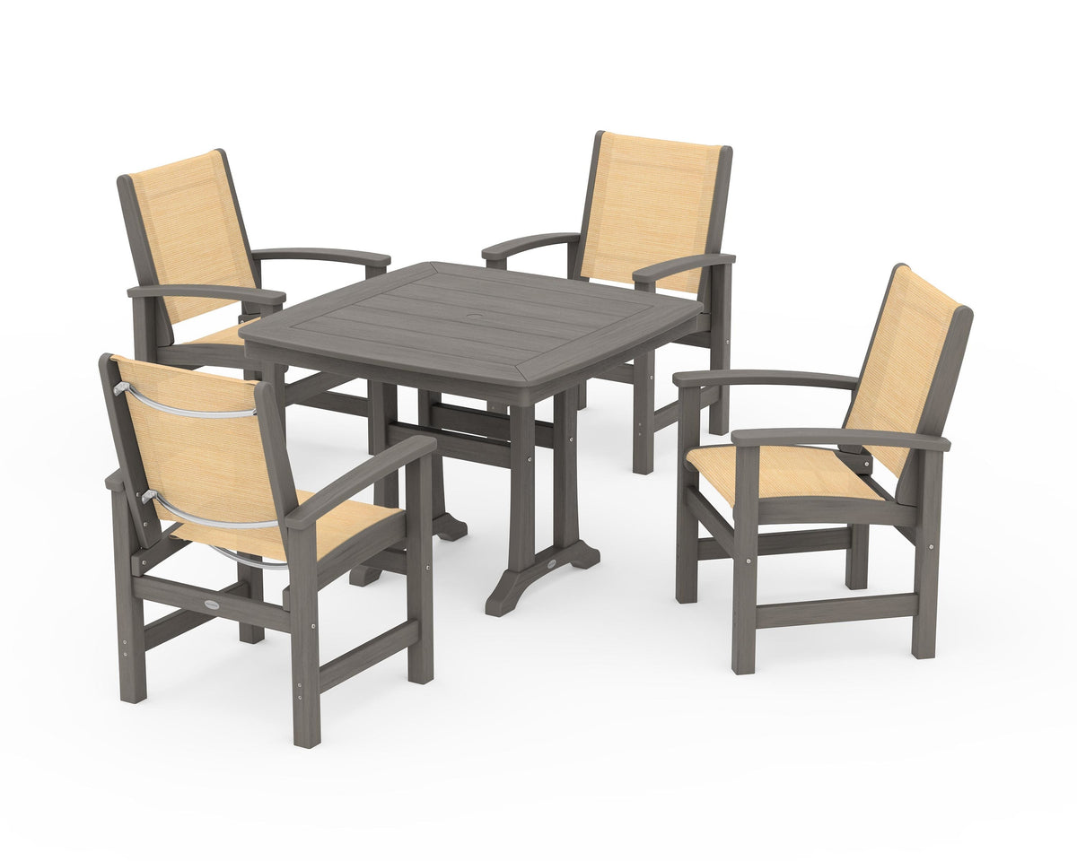 POLYWOOD Coastal 5-Piece Dining Set with Trestle Legs with Nautical Trestle 37" Dining Table in Driftwood / Dupioni Apricot