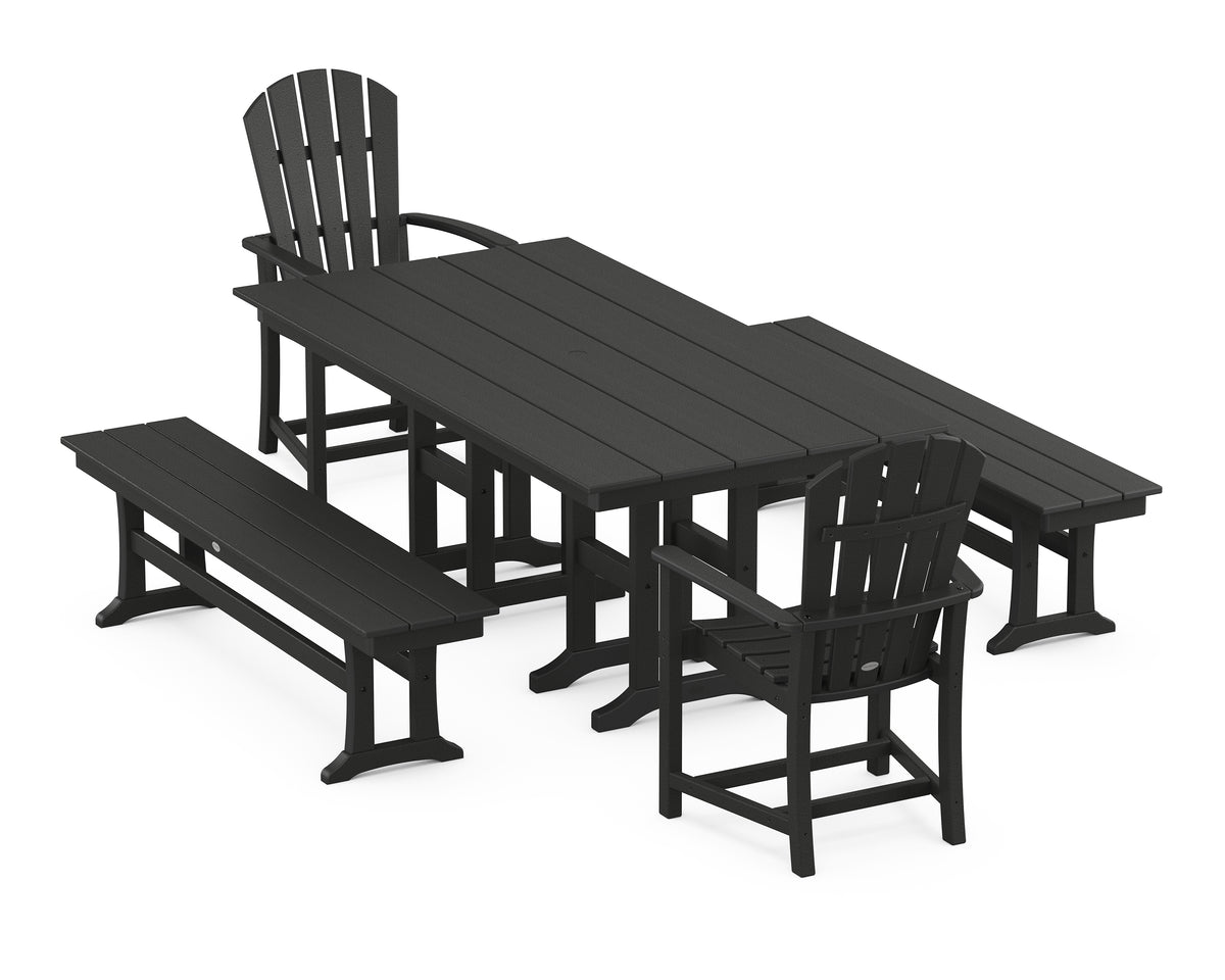 POLYWOOD Palm Coast 5-Piece Farmhouse Dining Set with Benches in Black