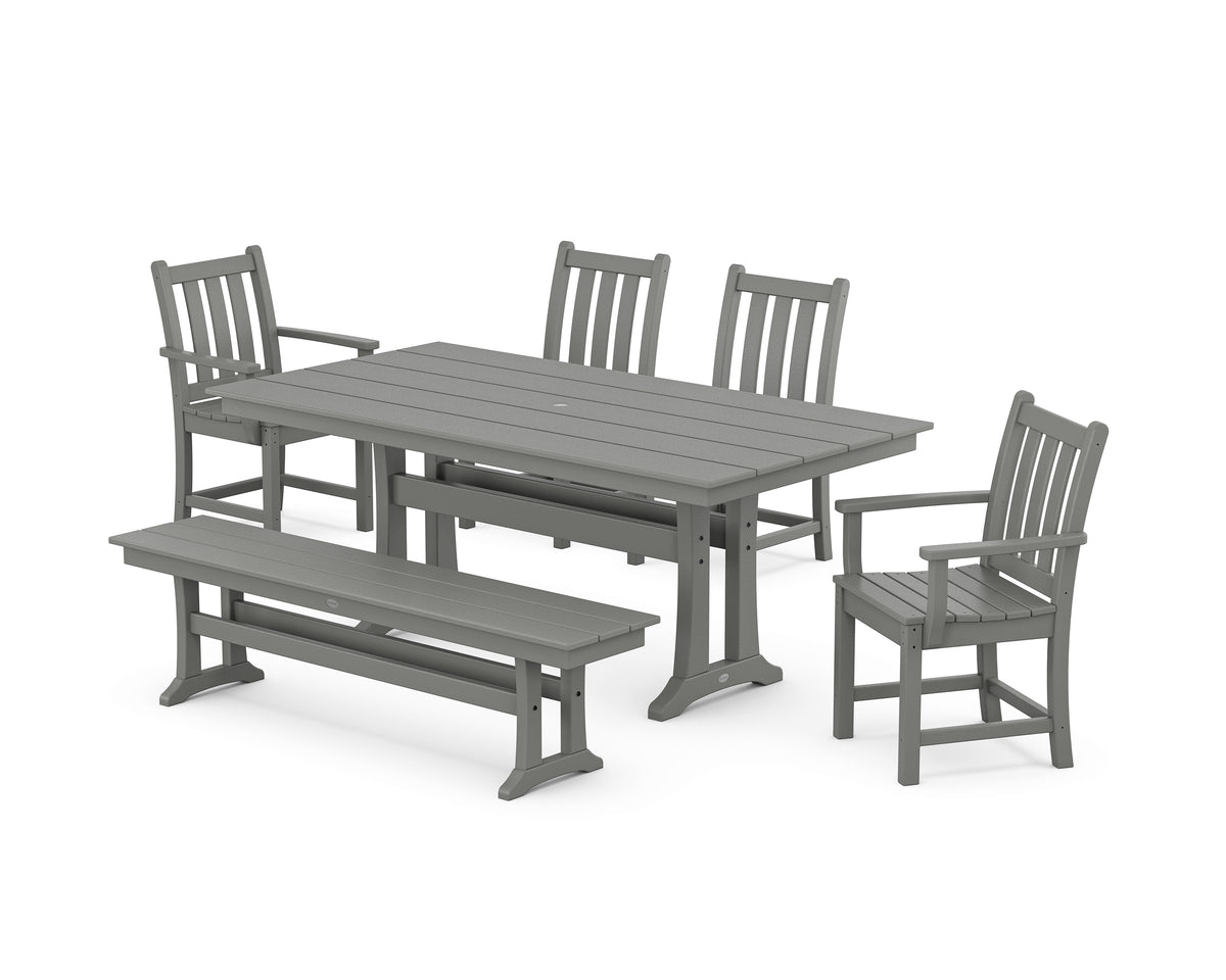 POLYWOOD Traditional Garden 6-Piece Farmhouse Dining Set with Trestle Legs and Bench in Slate Grey