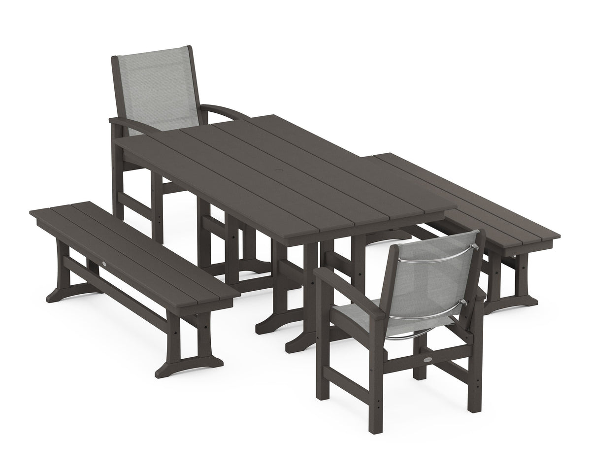 POLYWOOD Coastal 5-Piece Farmhouse Dining Set with Farmhouse 37" x 72" Dining Table in Vintage Coffee / Metallic