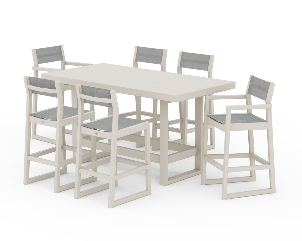POLYWOOD EDGE Sling 7-Piece Bar Table Set in Sand / Metallic