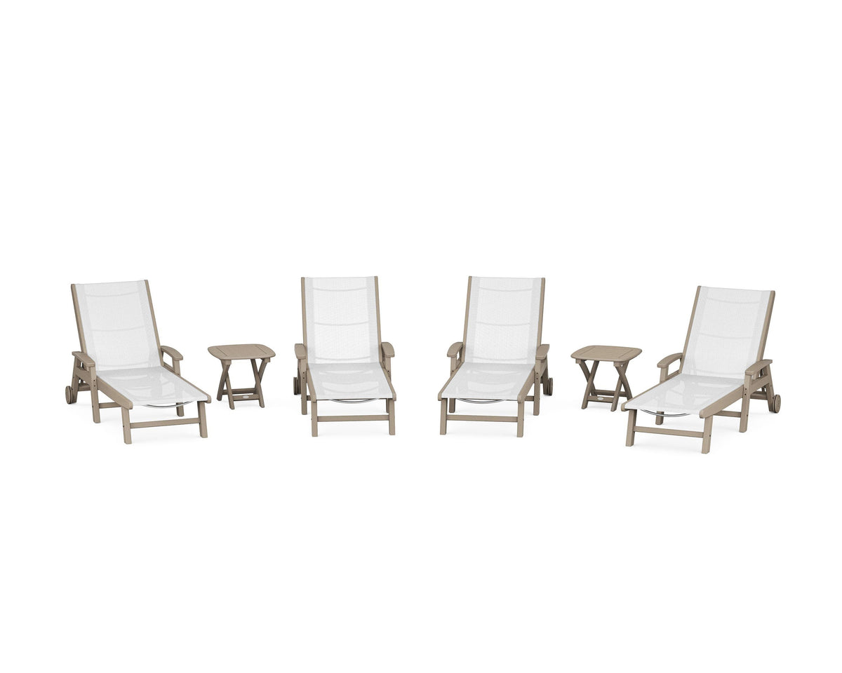 POLYWOOD Coastal Chaise 6-Piece Set with Wheels in Vintage Sahara / White