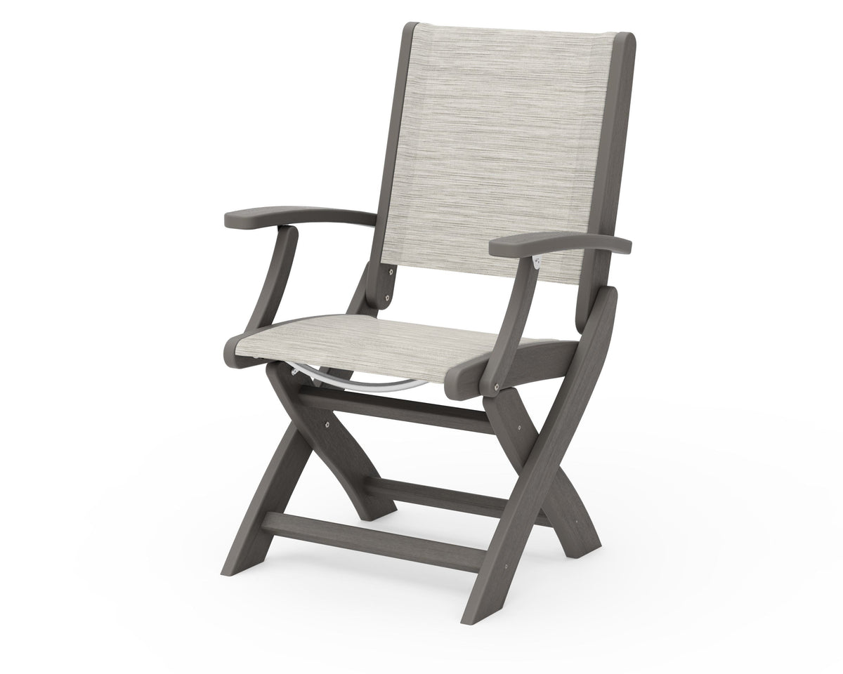 POLYWOOD Coastal Folding Chair in Driftwood with Driftwood arms and Birch sling