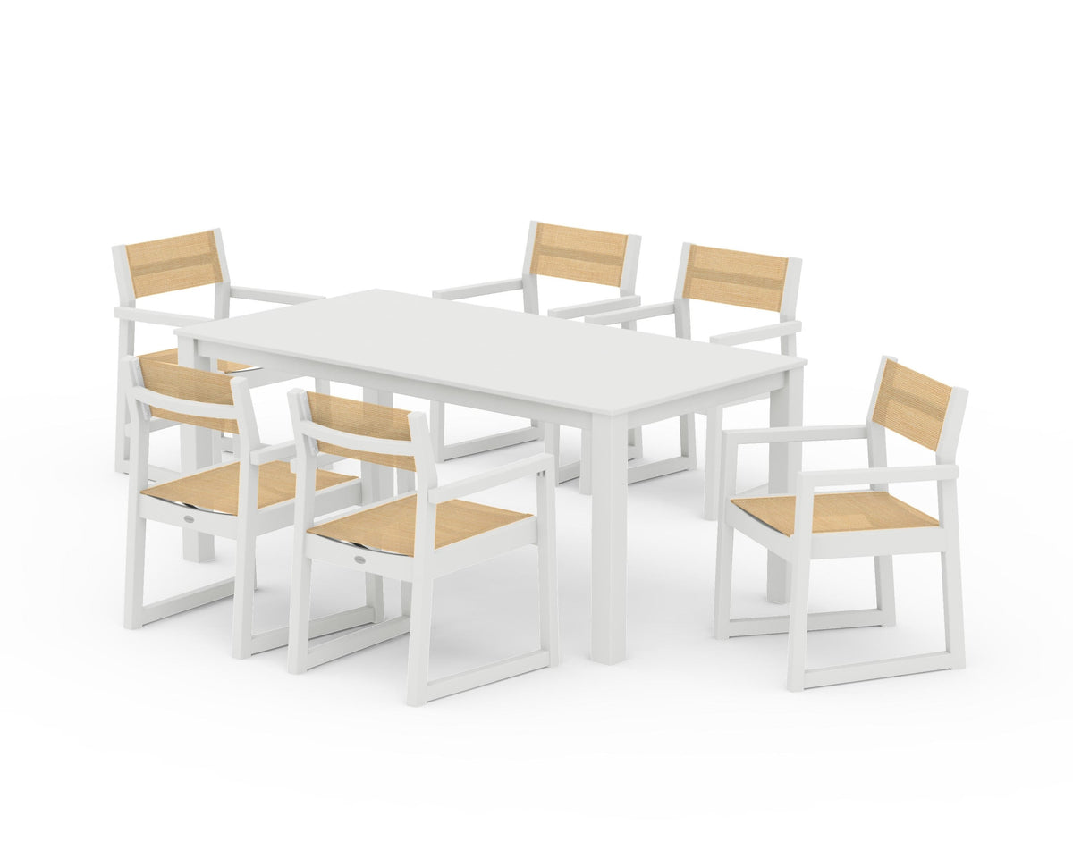POLYWOOD EDGE Sling Arm Chair 7-Piece Parsons Dining Set in Vintage White / Dupioni Apricot