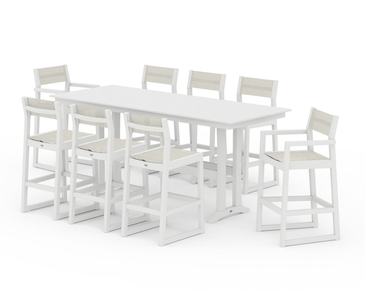 POLYWOOD EDGE Sling 9-Piece Farmhouse Bar Set with Trestle Legs in White / Parchment