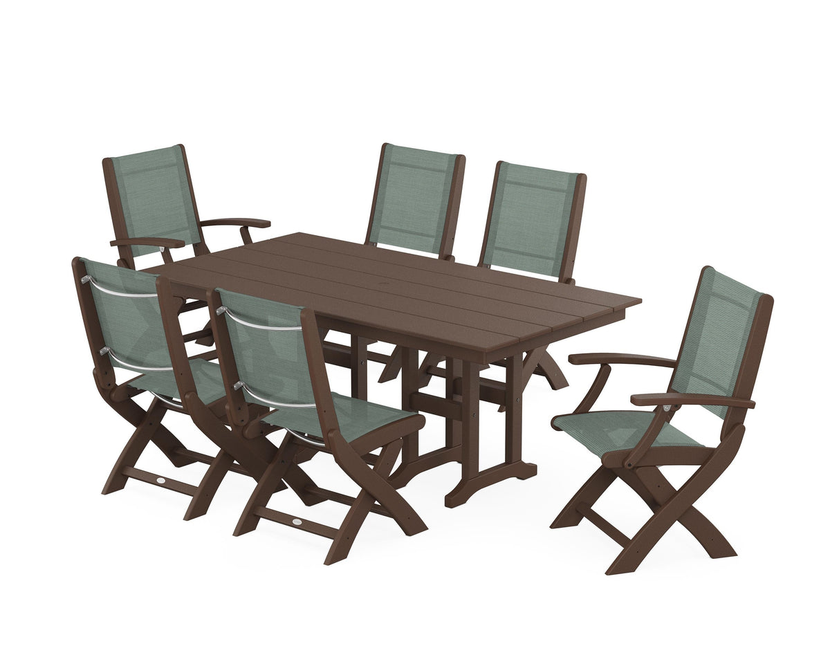 POLYWOOD Coastal Folding Chair 7-Piece Farmhouse Dining Set in Mahogany / Dupioni Sea Mist