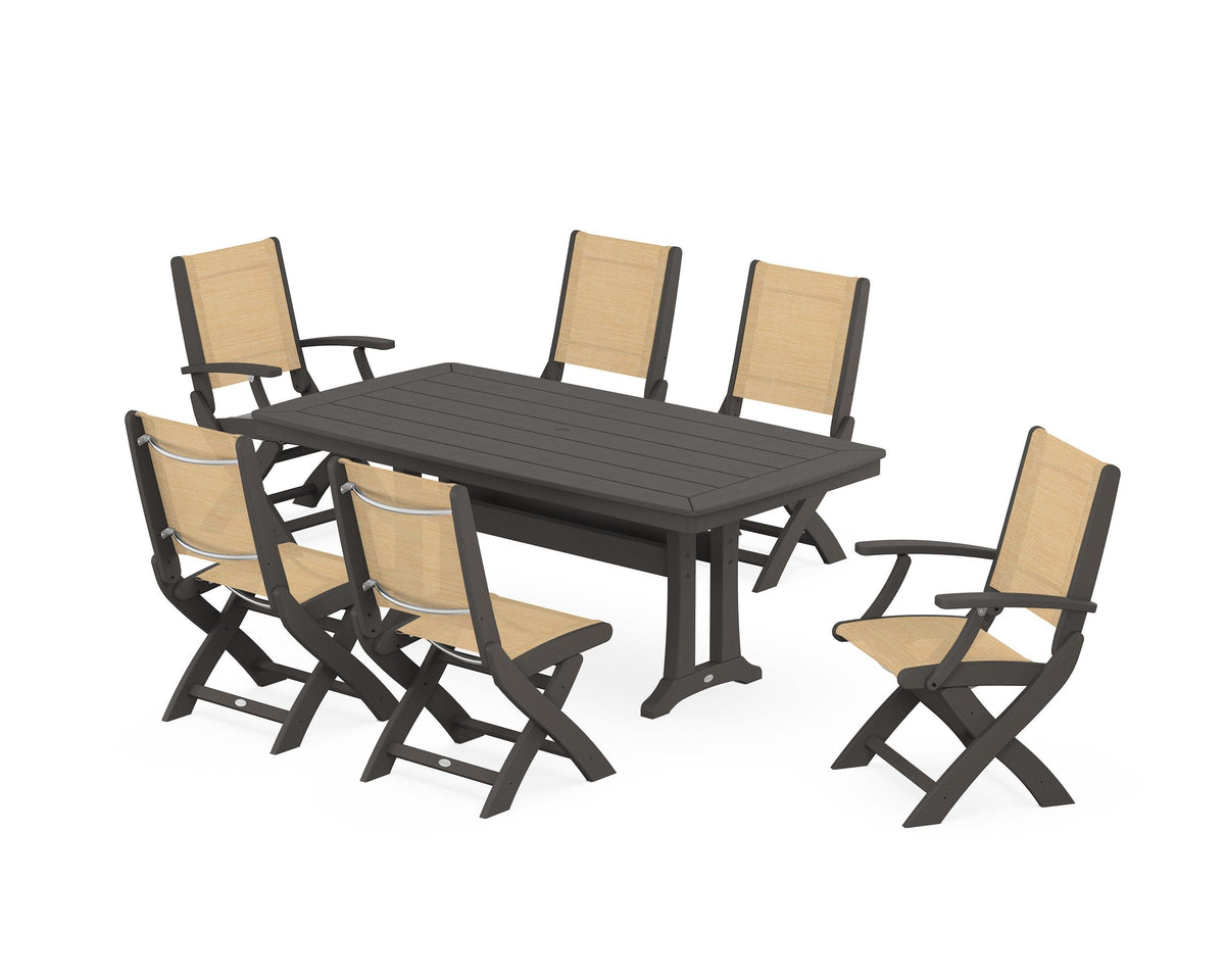 POLYWOOD Coastal Folding Chair 7-Piece Dining Set with Trestle Legs with Nautical Trestle 38" x 73" Dining Table in Vintage Coffee / Dupioni Apricot