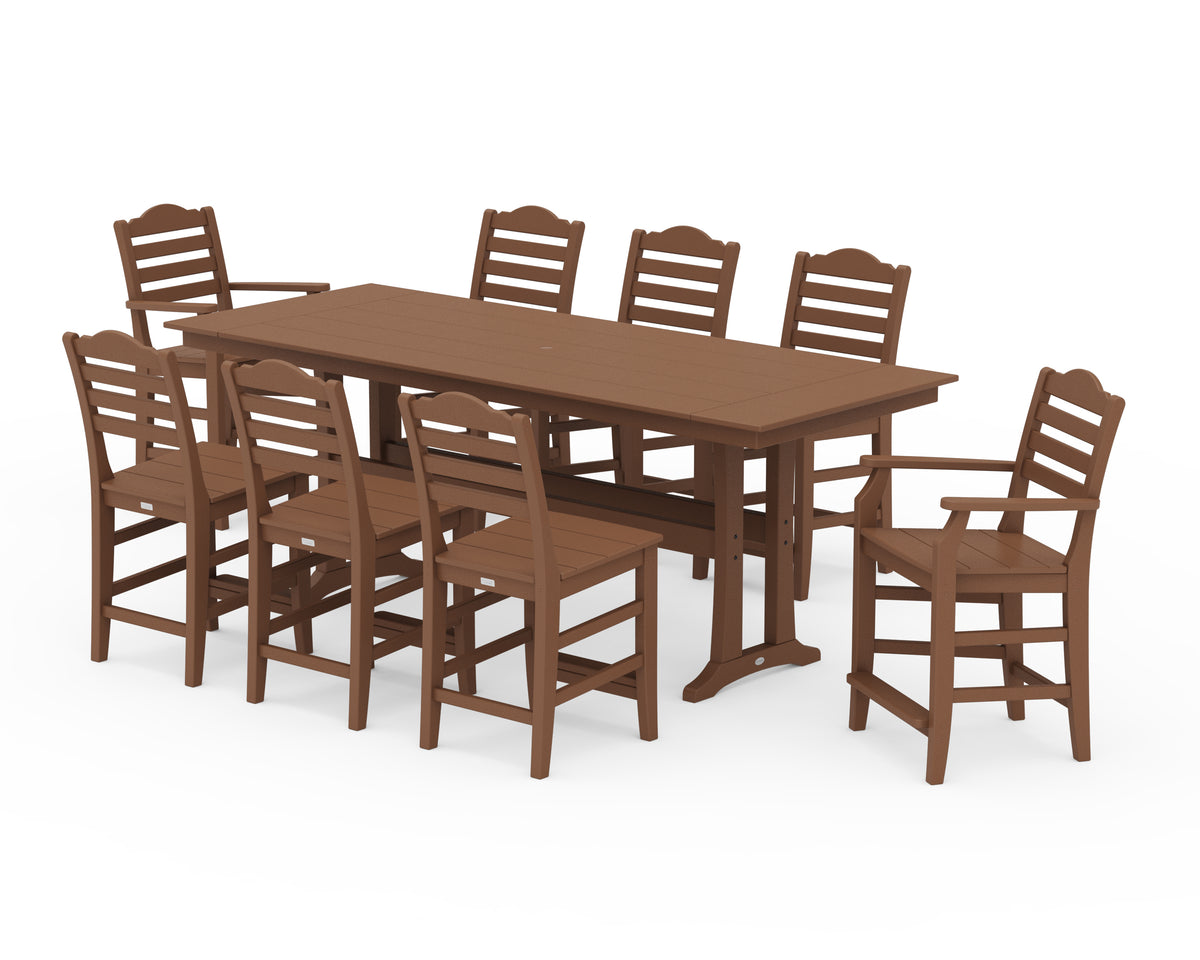 POLYWOOD Savannah 9-Piece Farmhouse Counter Set with Trestle Legs in Teak