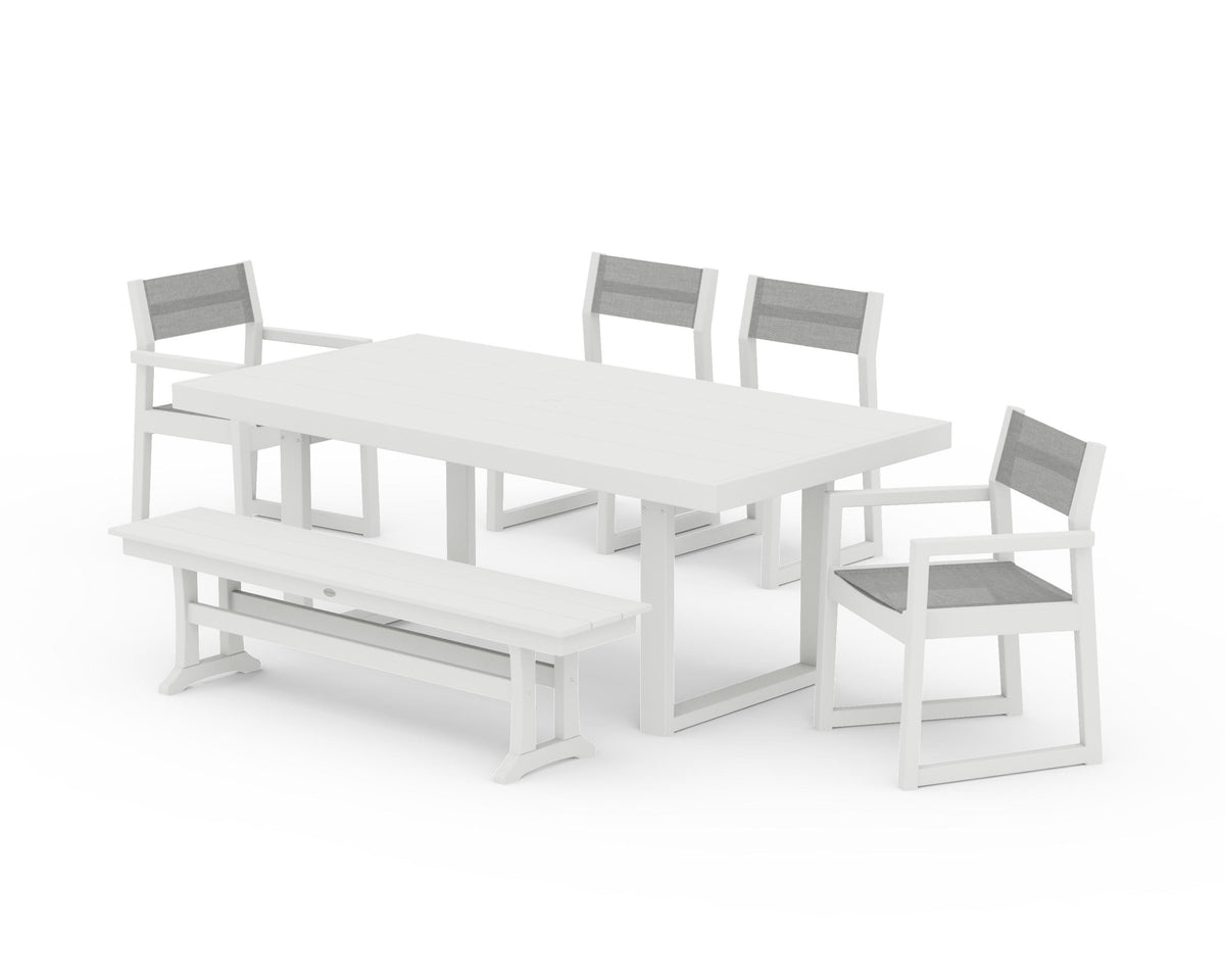 POLYWOOD EDGE Sling 6-Piece Dining Set with Bench in Vintage White / Metallic