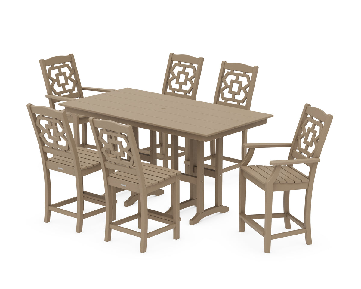 POLYWOOD Chinoiserie 7-Piece Farmhouse Counter Set in Vintage Sahara