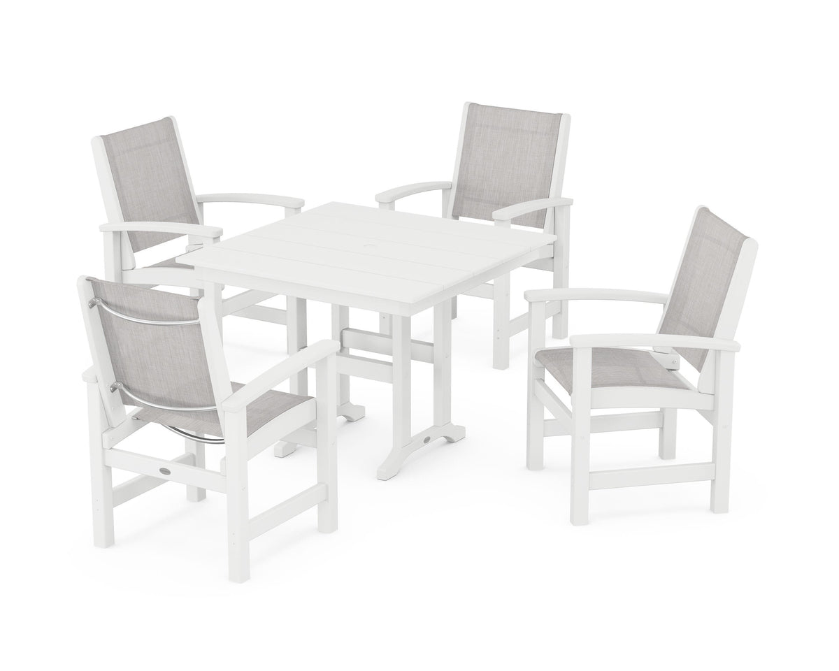 POLYWOOD Coastal 5-Piece Farmhouse Dining Set with Farmhouse 37" Dining Table in White / Parchment