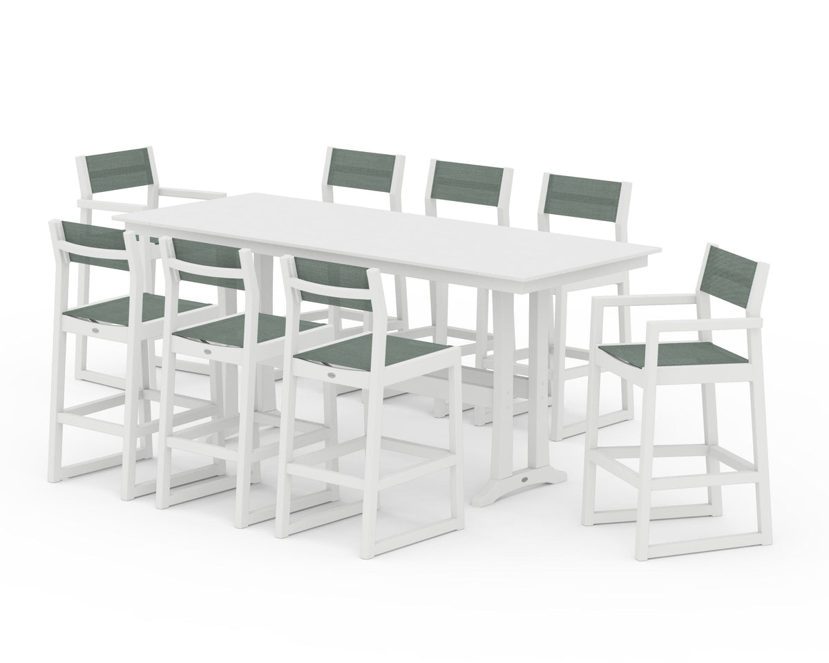 POLYWOOD EDGE Sling 9-Piece Farmhouse Bar Set with Trestle Legs in White / Dupioni Sea Mist