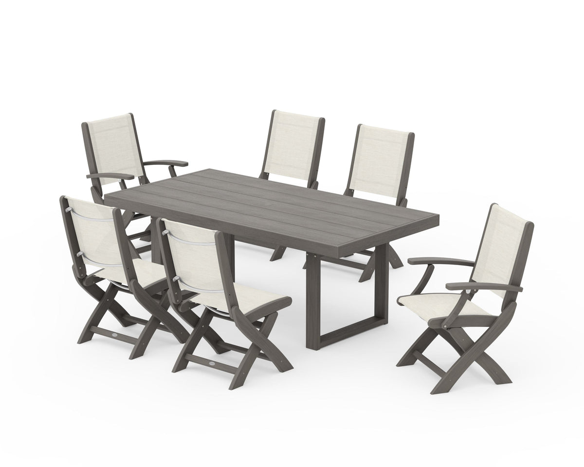 POLYWOOD Coastal Folding Chair 7-Piece Dining Set with Trestle Legs with EDGE 40" x 78" Dining Table in Driftwood / Parchment