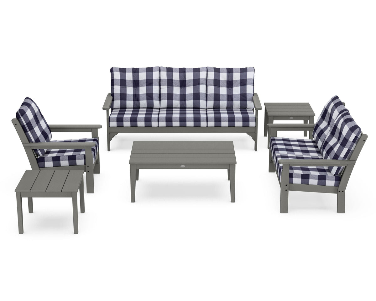 POLYWOOD Vineyard 6-Piece Deep Seating Set in Slate Grey / Buffalo Plaid Navy