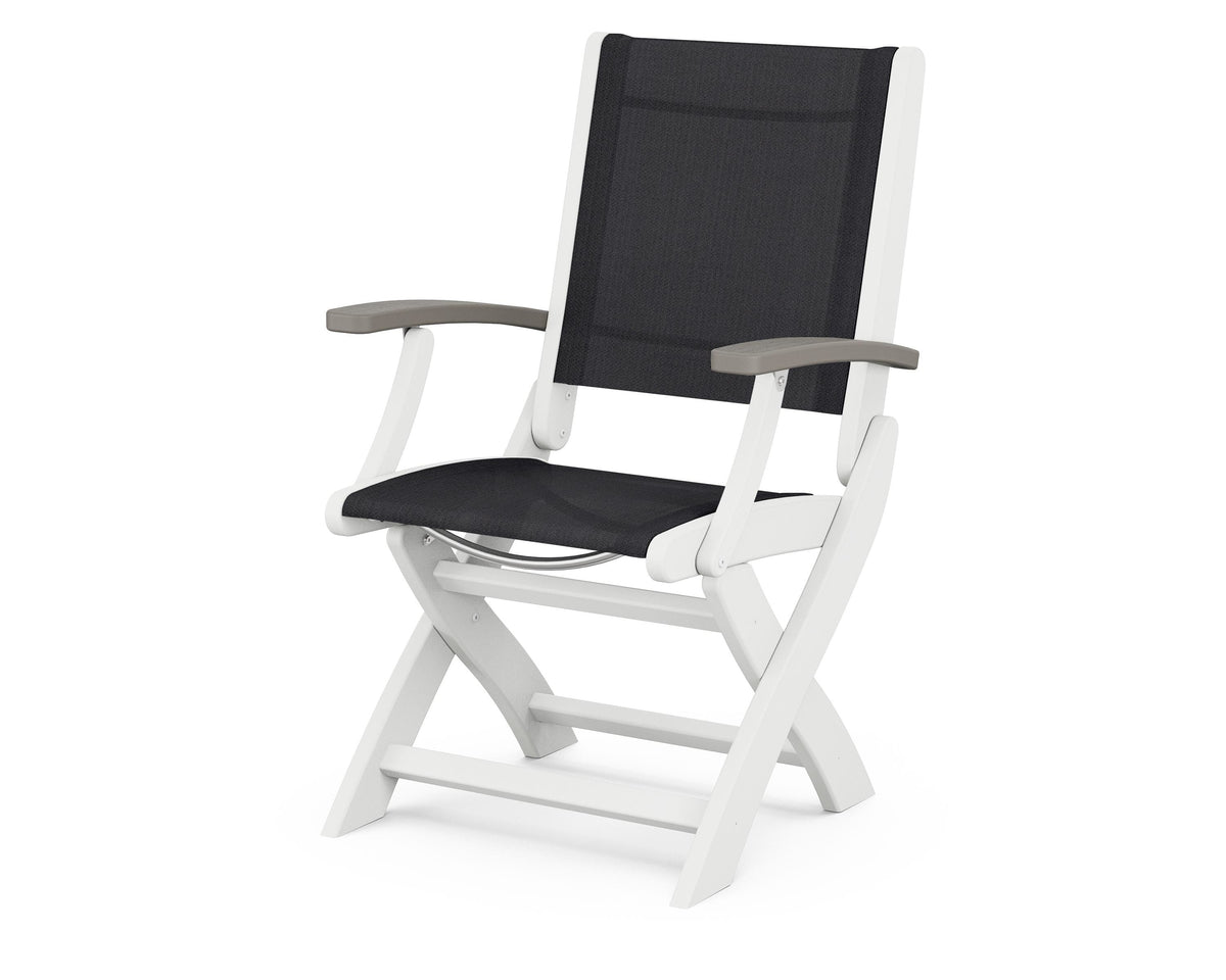 POLYWOOD Coastal Folding Chair in White with Driftwood arms and Black sling