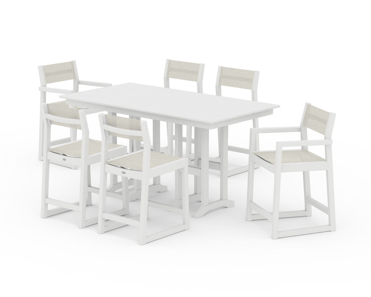 POLYWOOD EDGE Sling 7-Piece Farmhouse Counter Set with Trestle Legs in White / Parchment