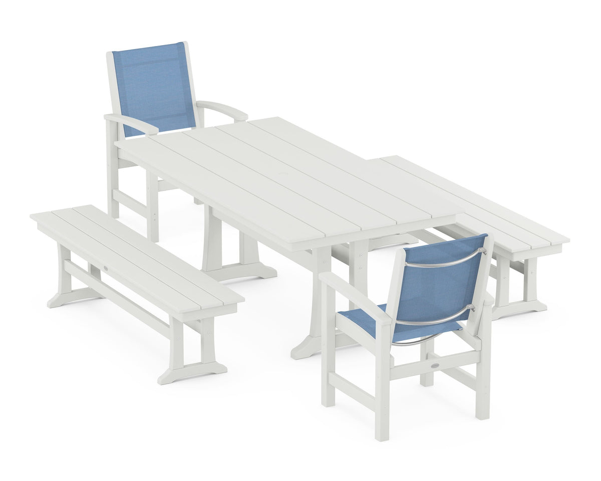 POLYWOOD Coastal 5-Piece Farmhouse Dining Set with Trestle Legs and Benches in Vintage White / Poolside