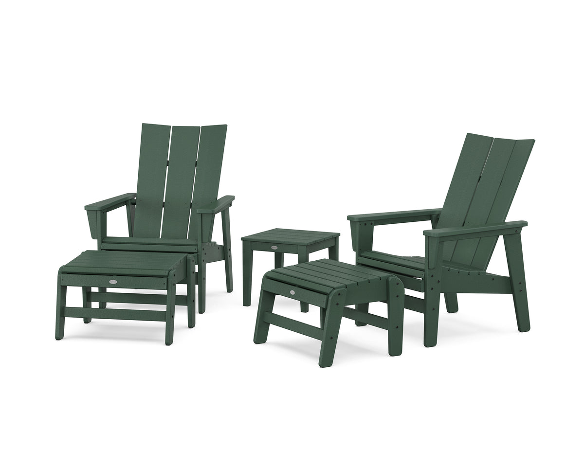 POLYWOOD 5-Piece Modern Grand Upright Adirondack Set with Ottomans and Side Table in Green
