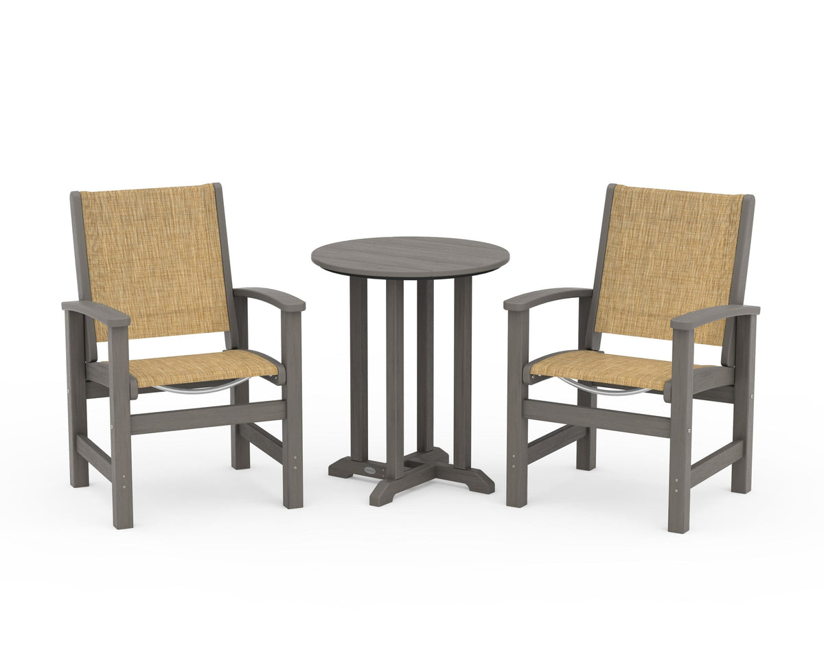 POLYWOOD Coastal 3-Piece Round Bistro Dining Set in Driftwood / Burlap