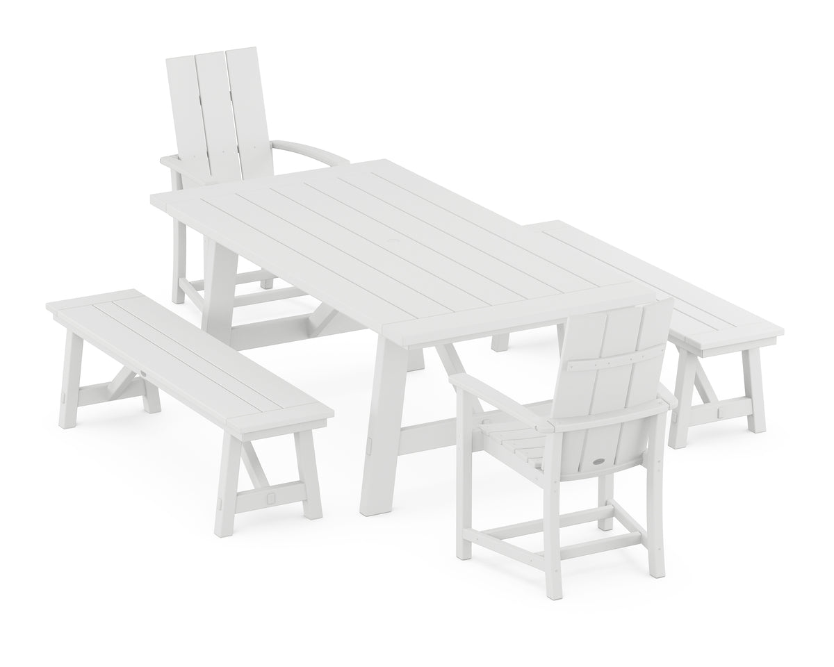POLYWOOD Modern Adirondack 5-Piece Rustic Farmhouse Dining Set with Benches in White