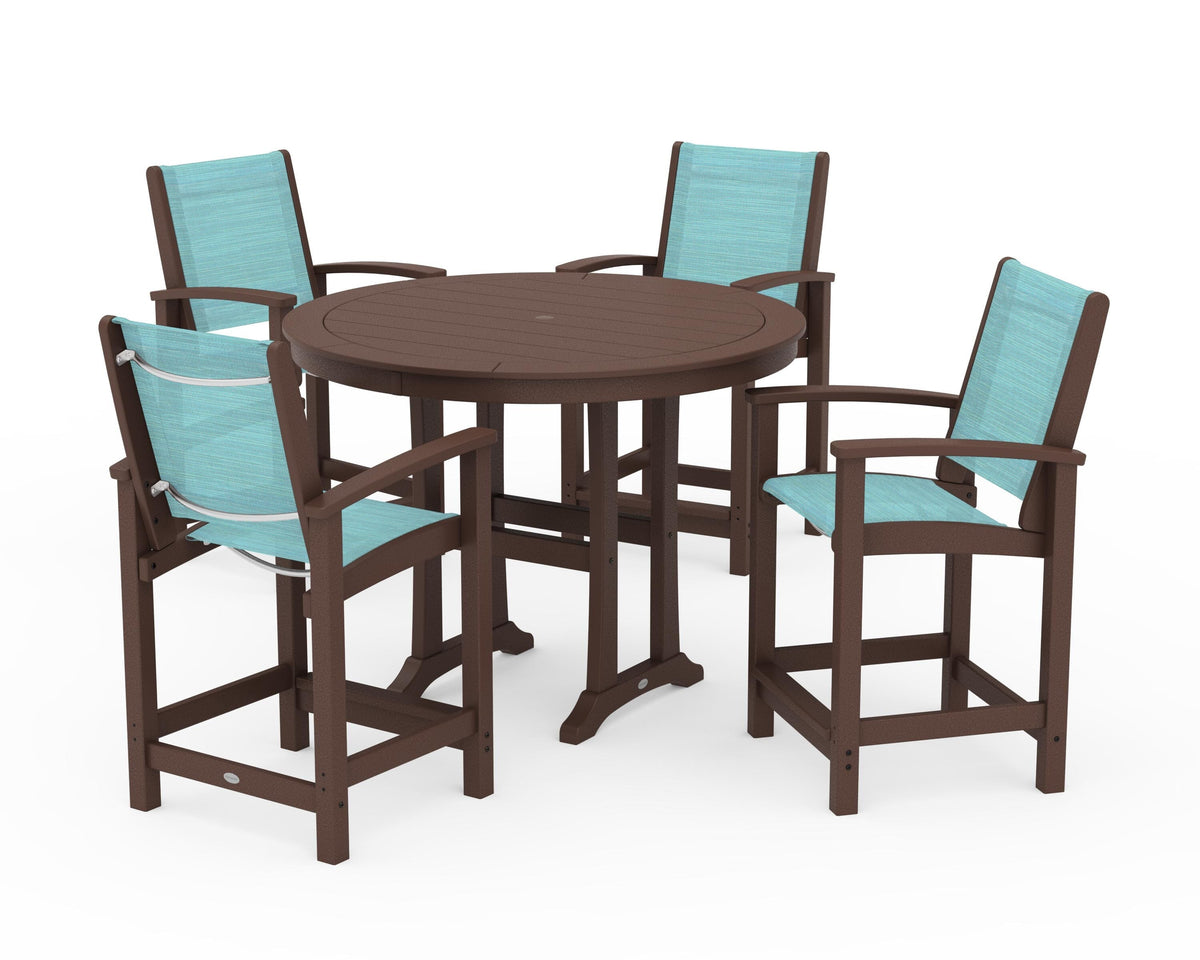 POLYWOOD Coastal 5-Piece Counter Set in Mahogany / Dupioni Aquamarine