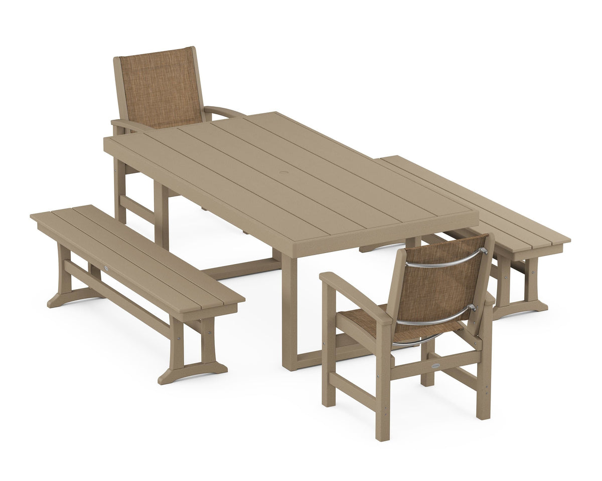 POLYWOOD Coastal 5-Piece Dining Set with Trestle Legs with EDGE 40" x 78" Dining Table in Vintage Sahara / Burlap