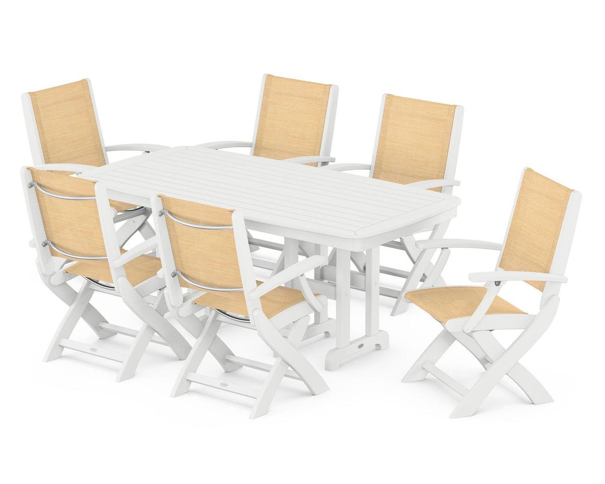 POLYWOOD Coastal Folding Arm Chair 7-Piece Dining Set in White / Dupioni Apricot