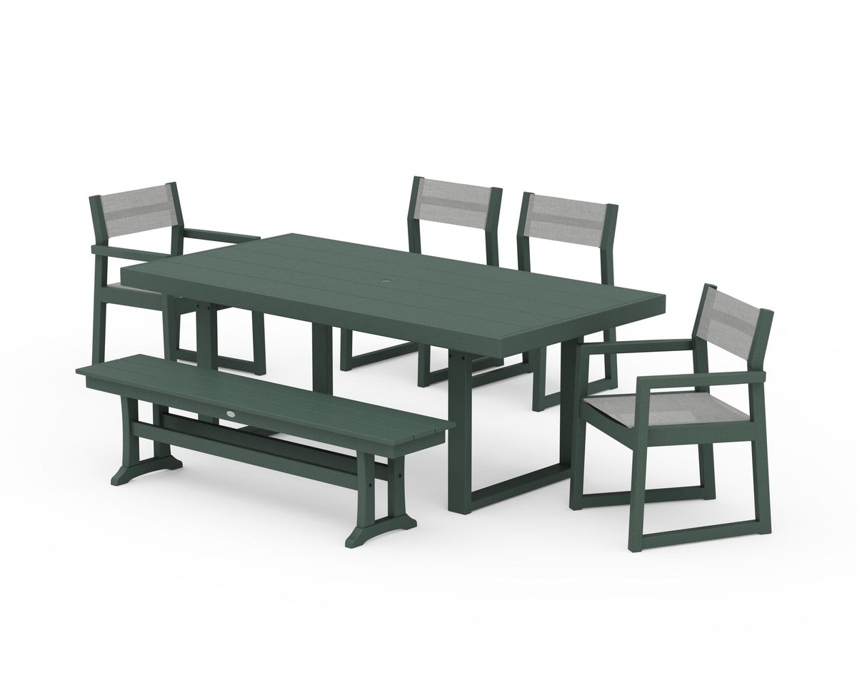POLYWOOD EDGE Sling 6-Piece Dining Set with Bench in Green / Metallic