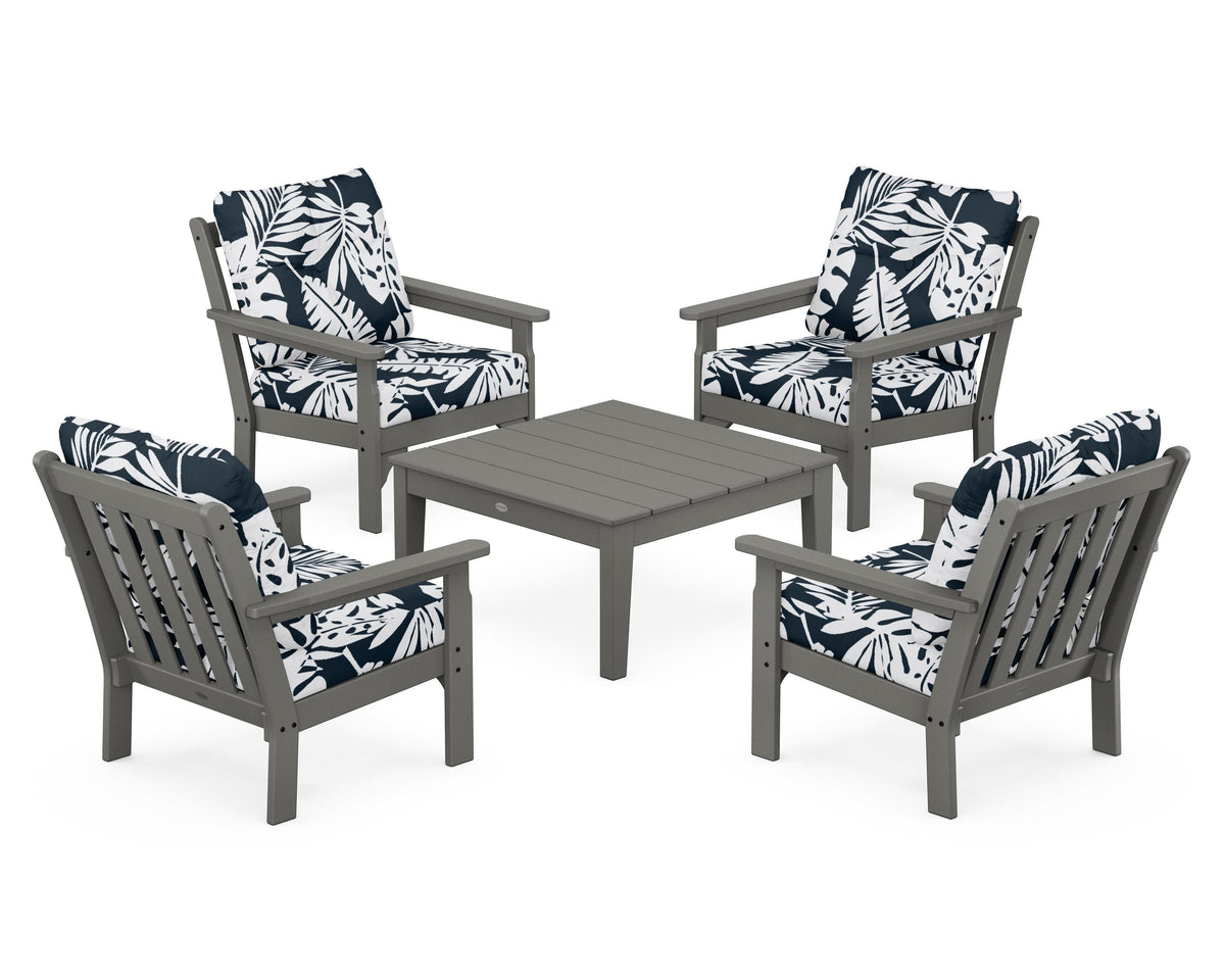 POLYWOOD Vineyard 5-Piece Deep Seating Conversation Set in Slate Grey / Leaf Marine Indigo