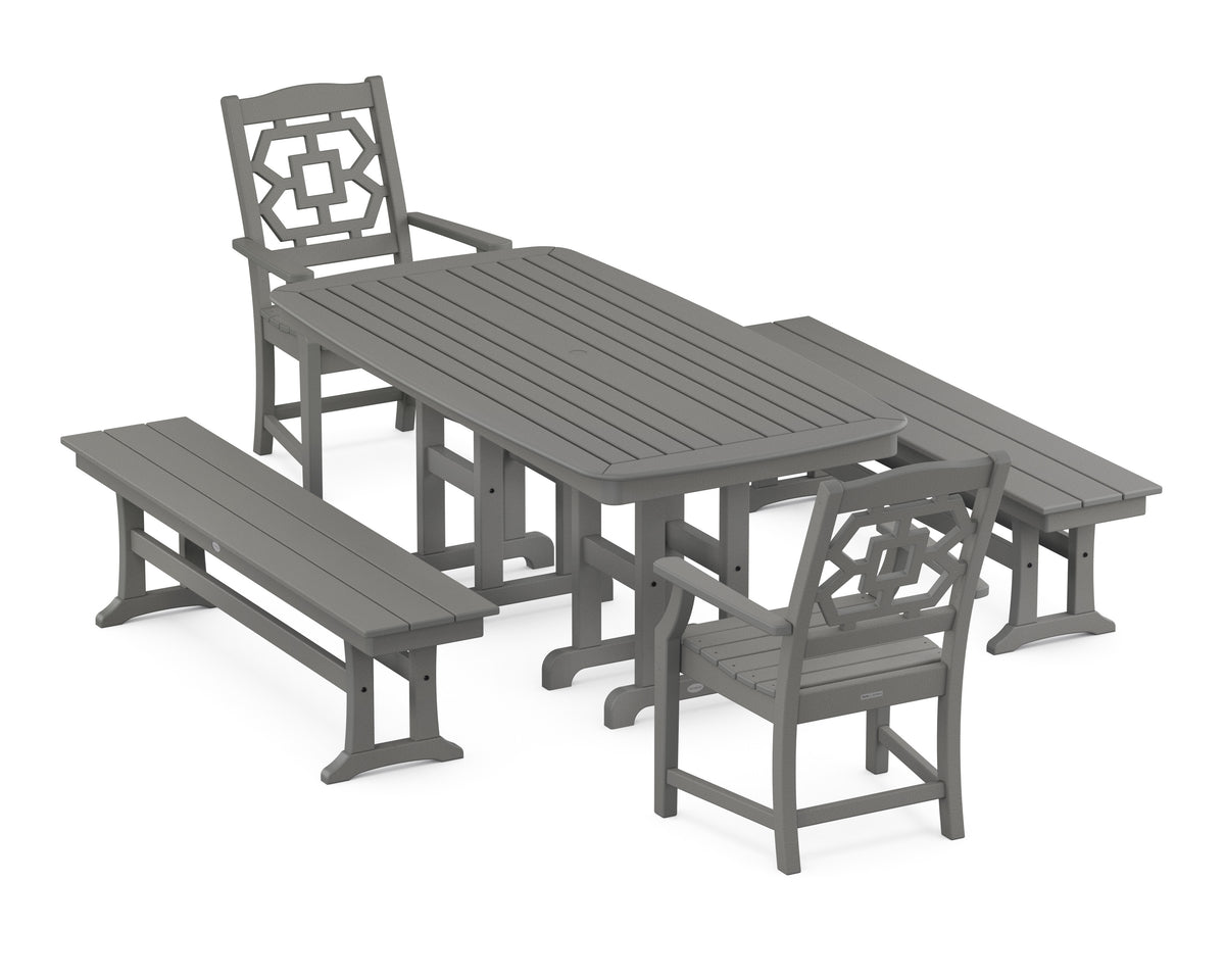 POLYWOOD Chinoiserie 5-Piece Dining Set with Benches in Slate Grey