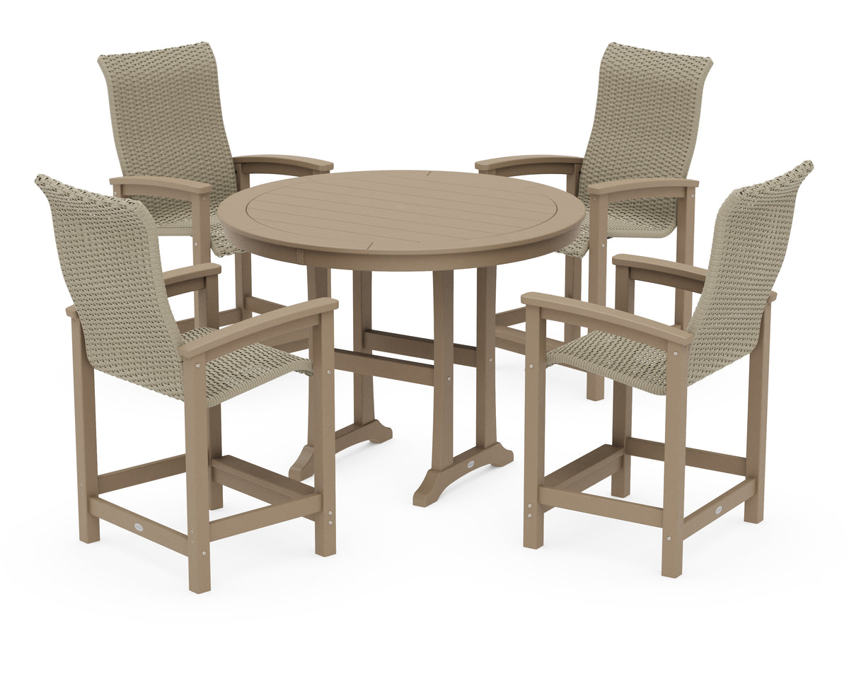 POLYWOOD Coastal Woven High-Back 5-Piece Round Counter Set in Vintage Sahara / Dune Grass