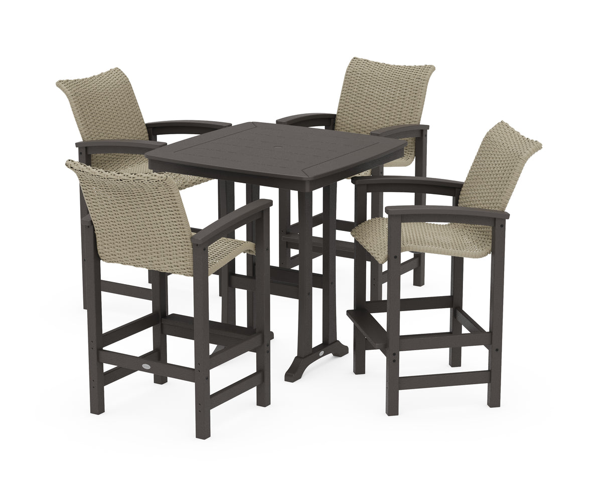 POLYWOOD Coastal Woven 5-Piece Bar Set with Trestle Legs in Vintage Coffee / Dune Grass