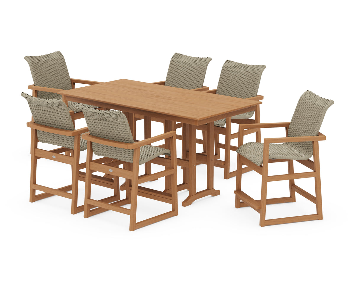 POLYWOOD EDGE Woven Arm Chair 7-Piece Farmhouse Counter Set in Natural / Dune Grass