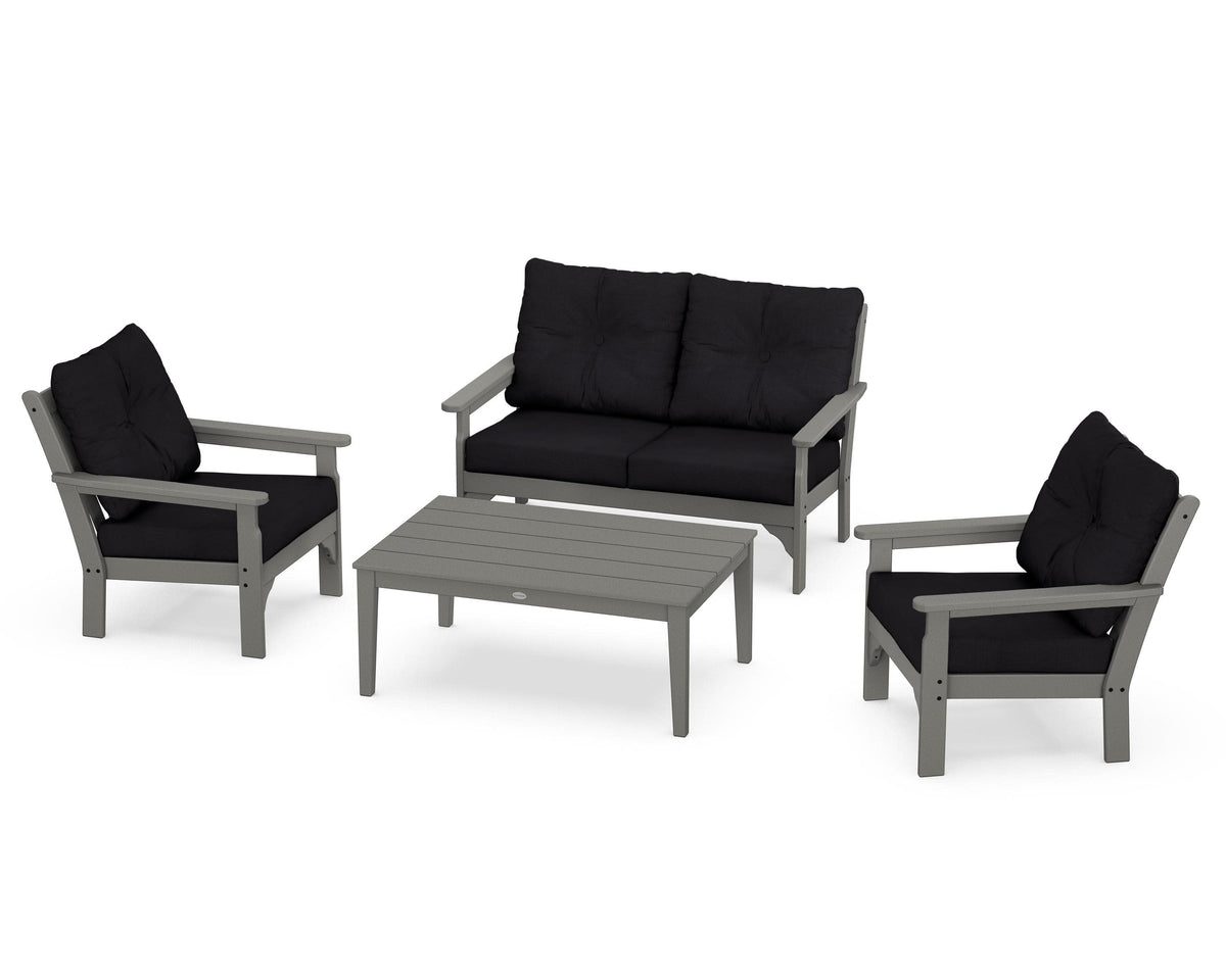 POLYWOOD Vineyard 4-Piece Deep Seating Set with Two Chairs and Loveseat in Slate Grey / Midnight Linen