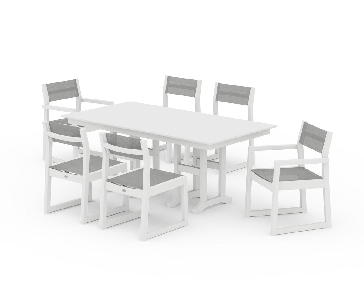 POLYWOOD EDGE Sling 7-Piece Farmhouse Dining Set in White / Metallic