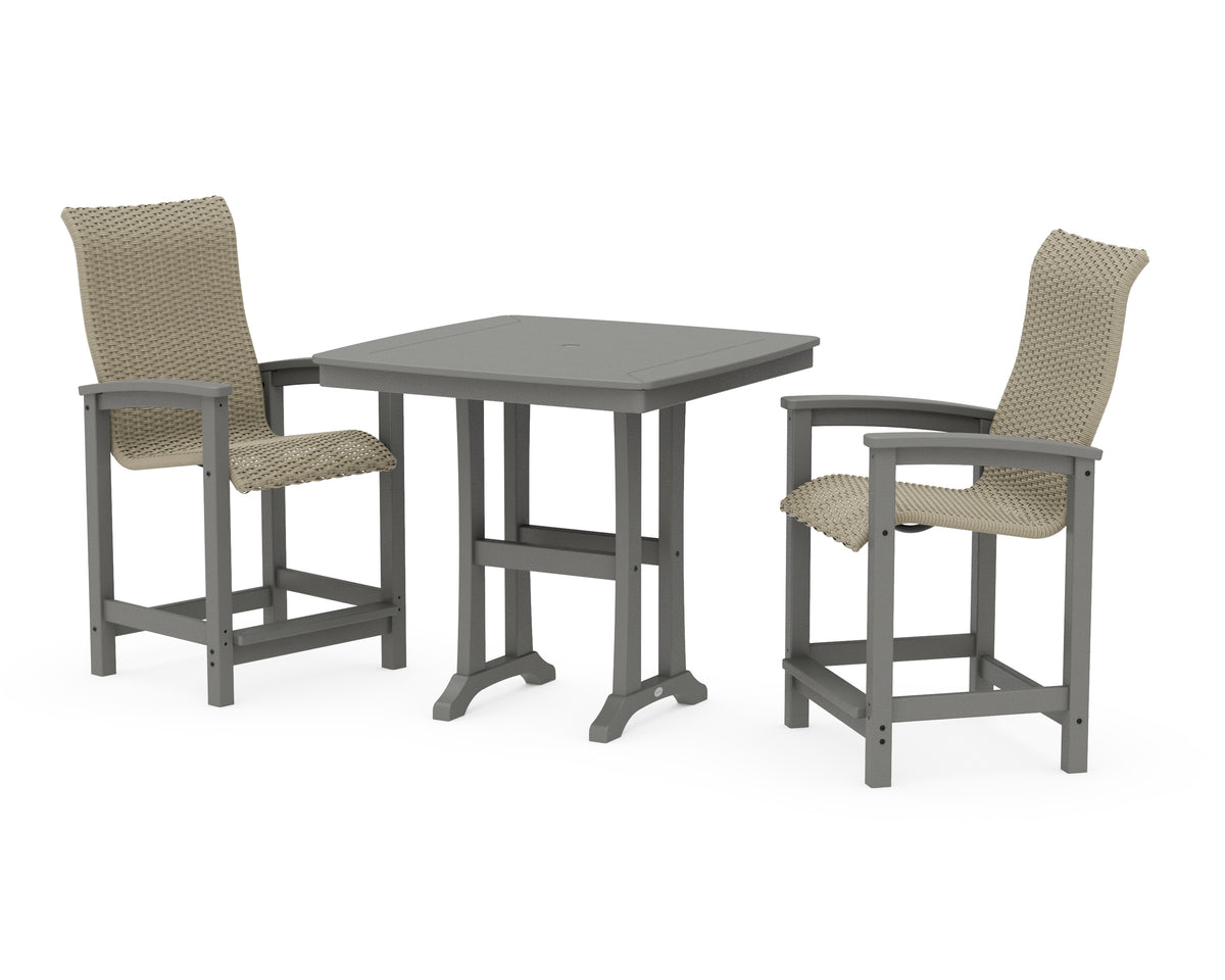 POLYWOOD Coastal Woven High-Back 3-Piece Counter Set with Trestle Legs in Slate Grey / Dune Grass