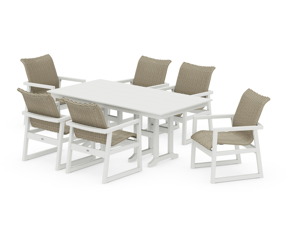 POLYWOOD EDGE Woven Arm Chair 7-Piece Farmhouse Dining Set in Vintage White / Dune Grass